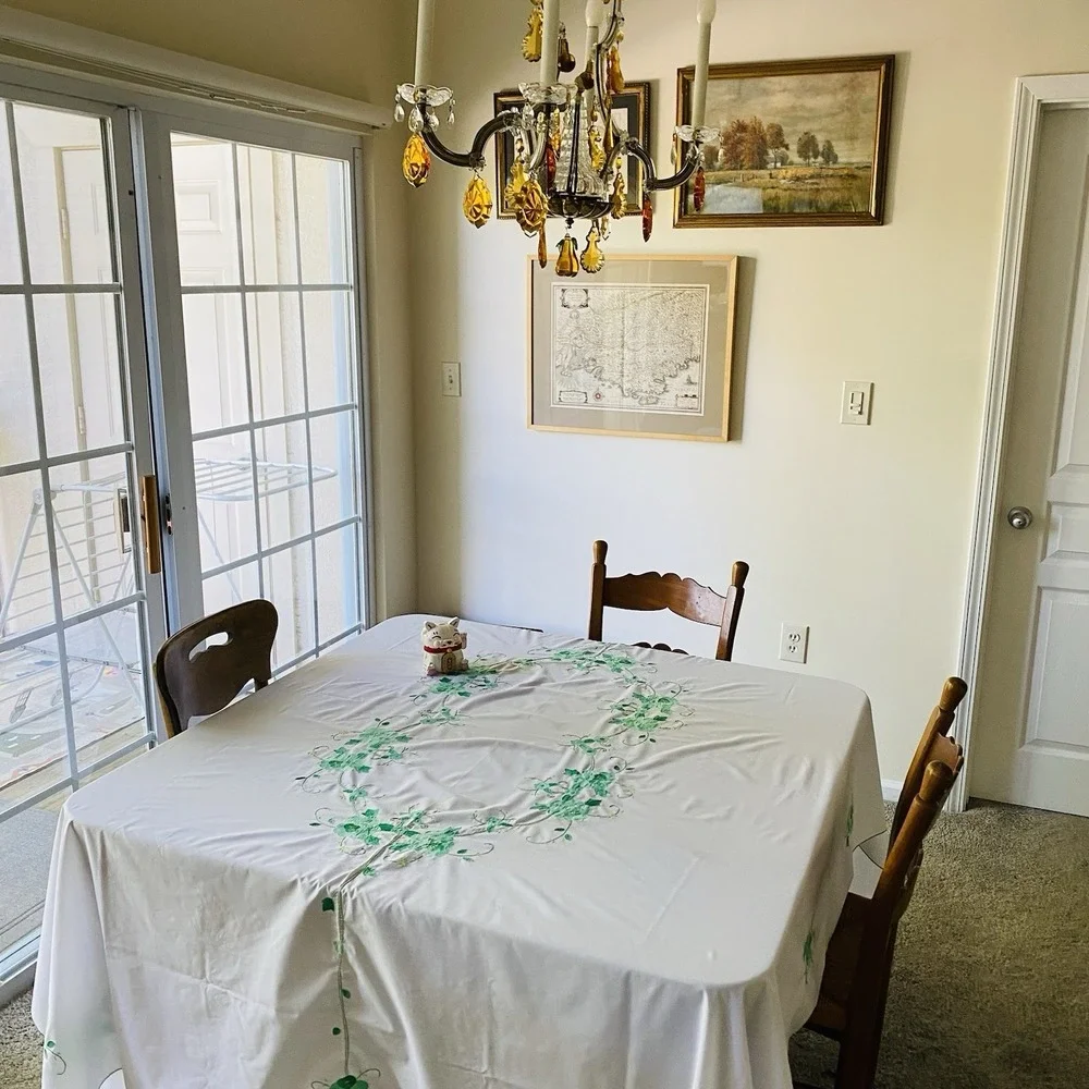 Vintage 70s Hand Sewn Embroidered Applique Floral Tablecloth 70x88
